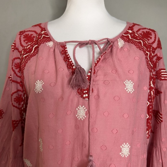 Anthropologie Seen Worn Kept Layla Peasant Top  Pink Red Embroidered Boho 12 - Picture 5 of 12